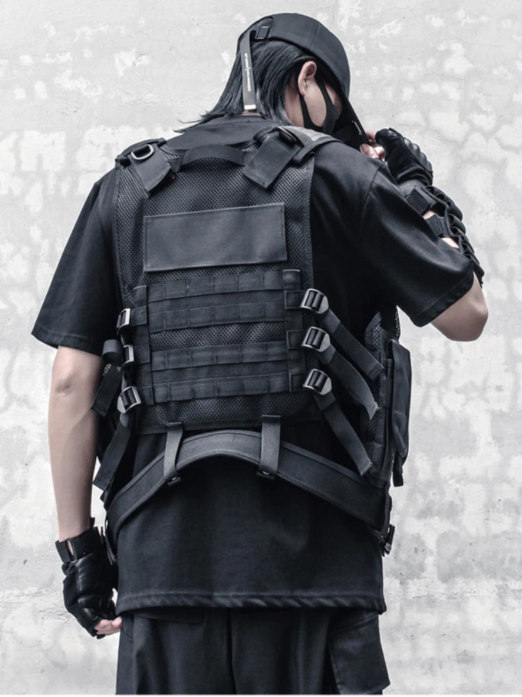 hip hop sleeveless vests mesh adjustment cargo waistcoat with pockets zipper military jacket streetwear tactical vest sweatsh - variant style 393cec for streetwear fashion