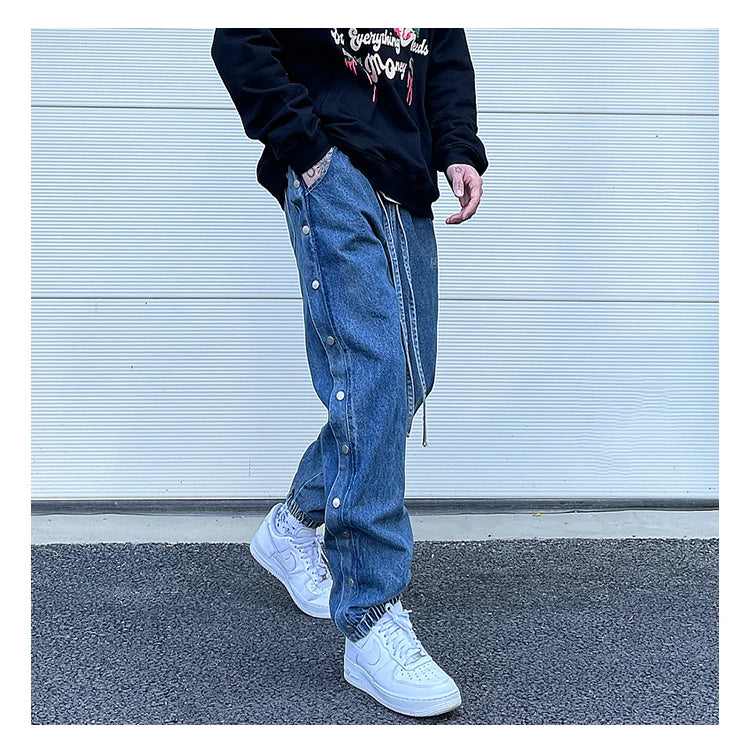 washed distressed denim sweatpant cashew flower patchwork oversized splice buckle jogging jeans casual button baggy men clothing unique joggers style 4367