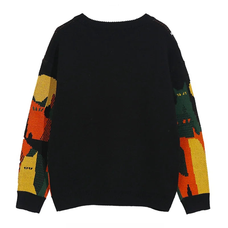 mens streetwear sweater retro vintage cats pattern hip hop knitted sweater pullover 2023 casual cotton sweater unisex clothes - oversized streetwear hoodie, trendy hip hop fashion hoodie, gothic aesthetic hoodie for winter
