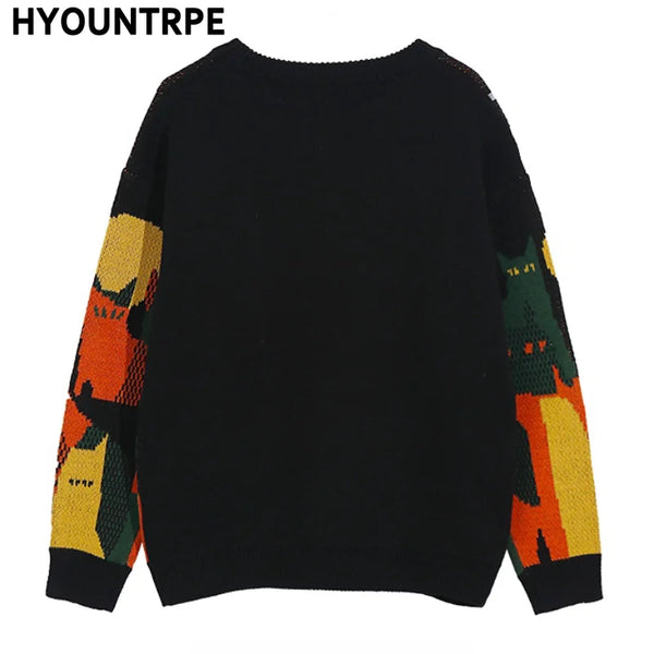 mens streetwear sweater retro vintage cats pattern hip hop knitted sweater pullover 2023 casual cotton sweater unisex clothes - oversized streetwear hoodie, trendy hip hop fashion hoodie, gothic aesthetic hoodie for winter