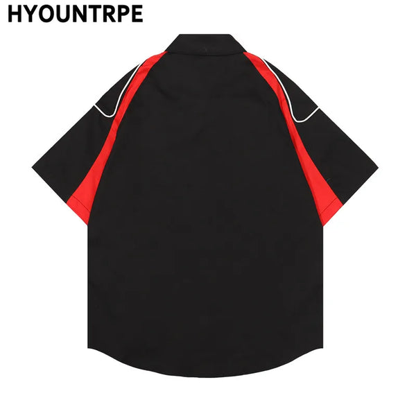 Fashion Mens Racing Embroidered Short Sleeves Shirt Casual Short Sleeve Hawaiian Shirt Hip Hop Harajuku Streetwear Loose Shirts
