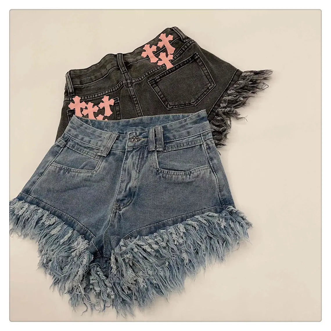 Raw Edge Fringe Gothic Style Denim Shorts Female Summer American Street High Waist Design Sense Casual A Word Super Short