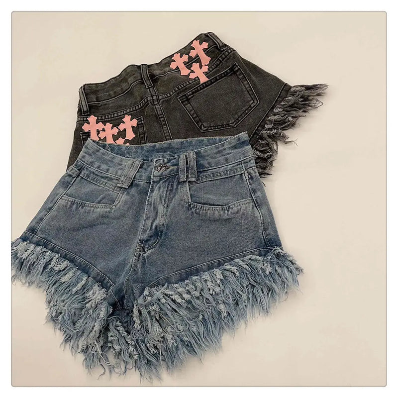 Raw Edge Fringe Gothic Style Denim Shorts Female Summer American Street High Waist Design Sense Casual A Word Super Short