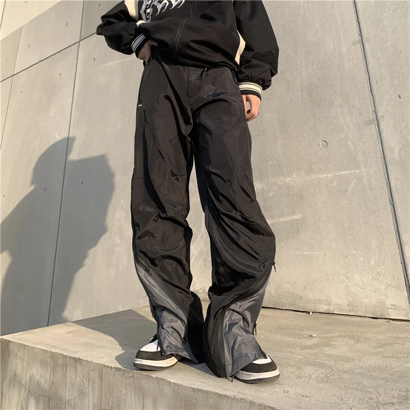 mens high street loose pants casual zipper open patchwork straight trousers pants hip hop new fashion streetwear jogging pants clean everyday pants