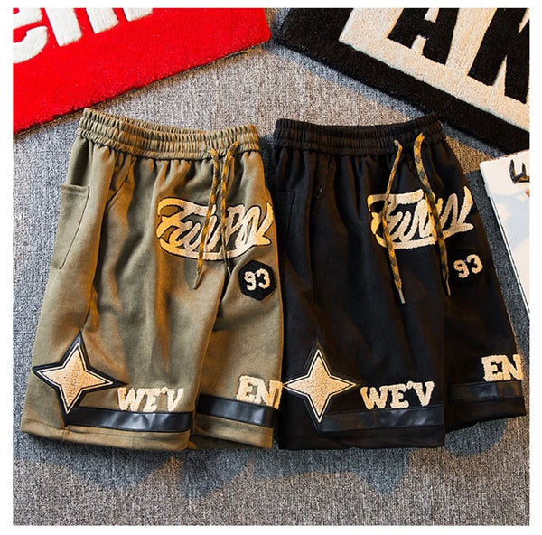 suede shorts men 2024 summer mens high street letter print loose five point pants straight simple fashion american basketball s drawstring street shorts