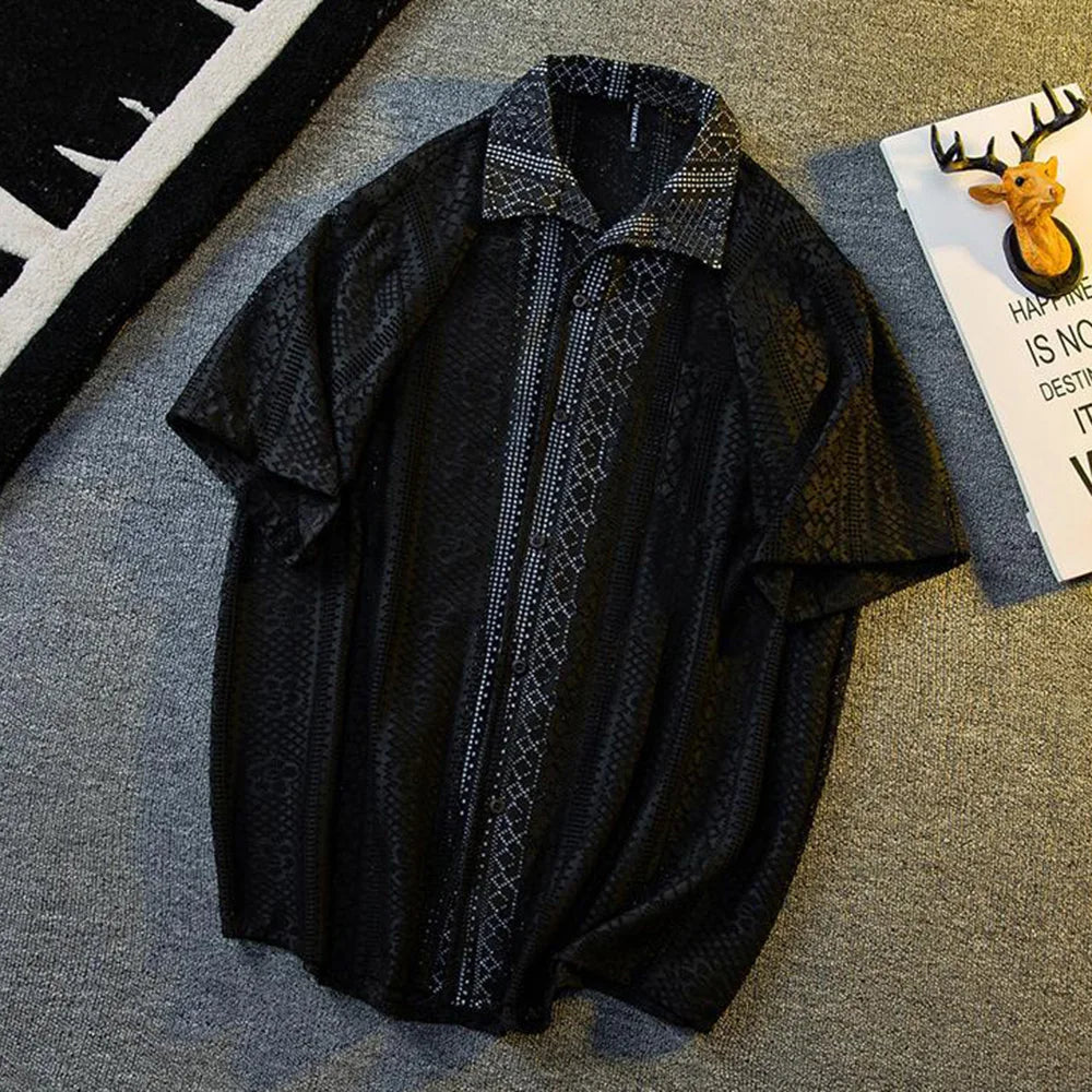 Mens Hollow Lace Elegant Short Sleeve Lazy Style Casual Breathable Personality Hollow Design Thin Shirt Unisex 2024 Summer New