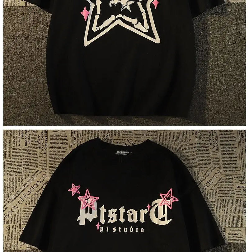 Glitchcore Chrome logo – Pure Cotton American Retro High Street Star Short Sleeved T