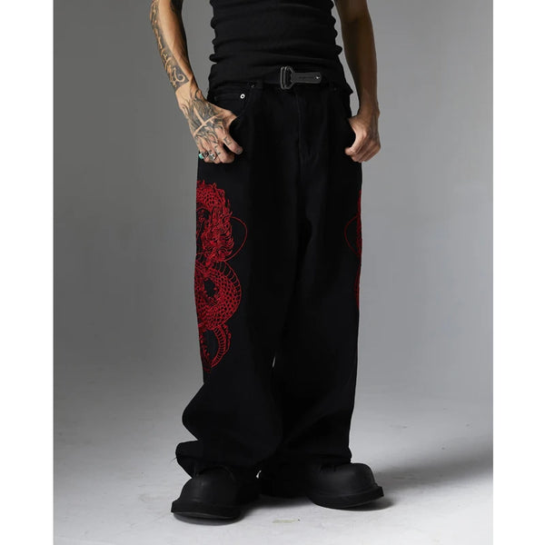 mens black baggy jeans dragon embroidered straight jeans streetwear hip hop loose trousers male luxury designer denim pants 1 urban skinny jeans