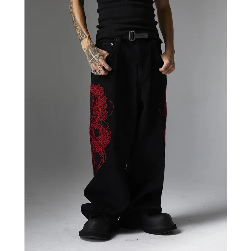 mens black baggy jeans dragon embroidered straight jeans streetwear hip hop loose trousers male luxury designer denim pants 1 urban skinny jeans