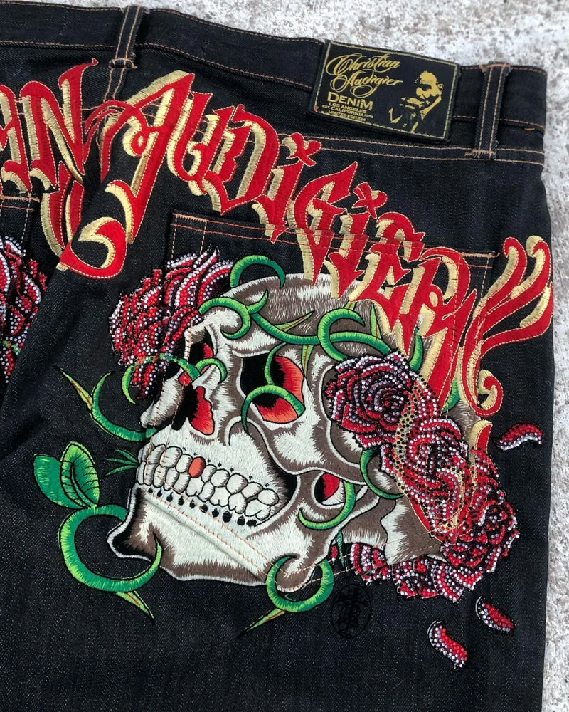 goth hip hop oversized skull embroidery pattern y2k baggy jeans new men and women straight black jeans retro casual denim pants unique jeans style 905
