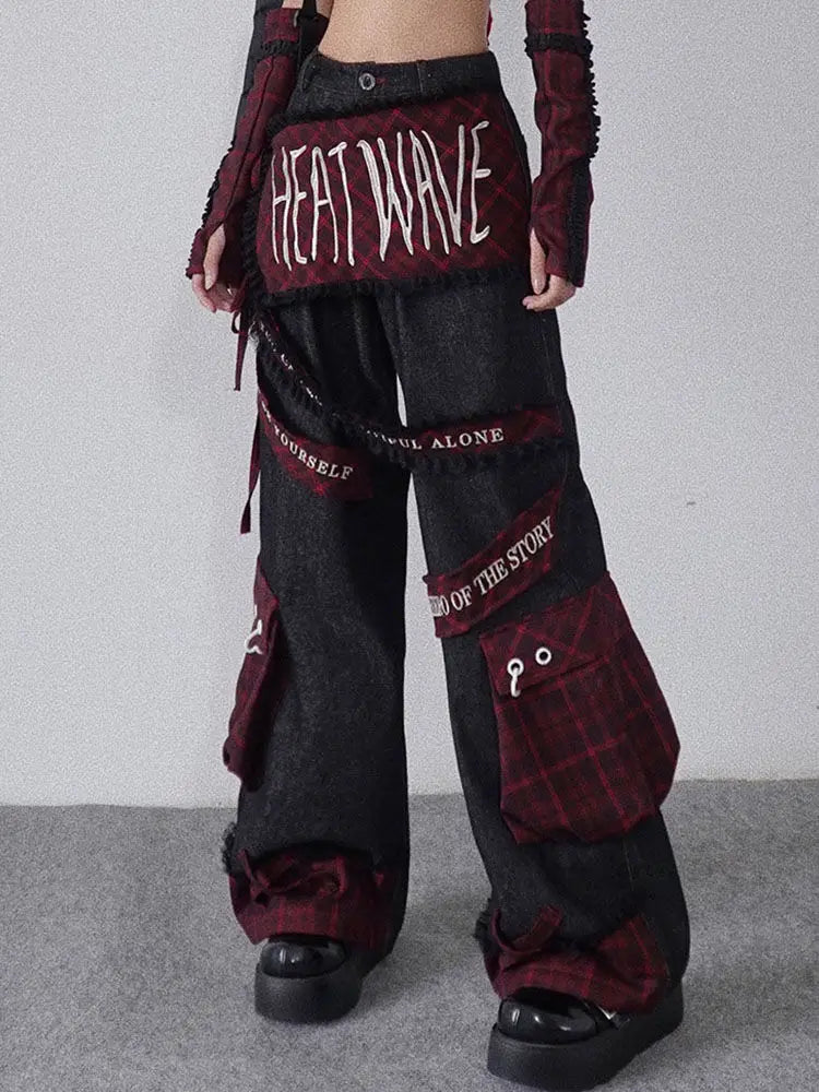 embroidered patchwork red checkered multi pocket jeans with high waist and slimming effect floor length pants baggy jeans women unique jeans style 2584