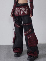 embroidered patchwork red checkered multi pocket jeans with high waist and slimming effect floor length pants baggy jeans women unique jeans style 2584