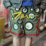Japanese Eyes Embroidery Washed Military Green Worn Canvas Shorts for Men Summer Pockets Baggy Cargo Short Oversized