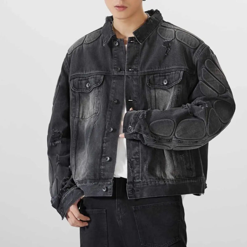 panel varsity outerwear, 2025 trend, for men, fall streetwear outfit, oversized style, layered fashion, modern aesthetic, graphic detail