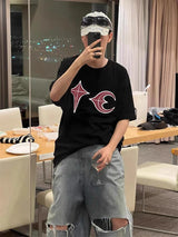 High Street Thug Club New Patchwork Embroidered Short Sleeved Casual Loose And Versatile Korean Street Solid Color T-shirt VTG