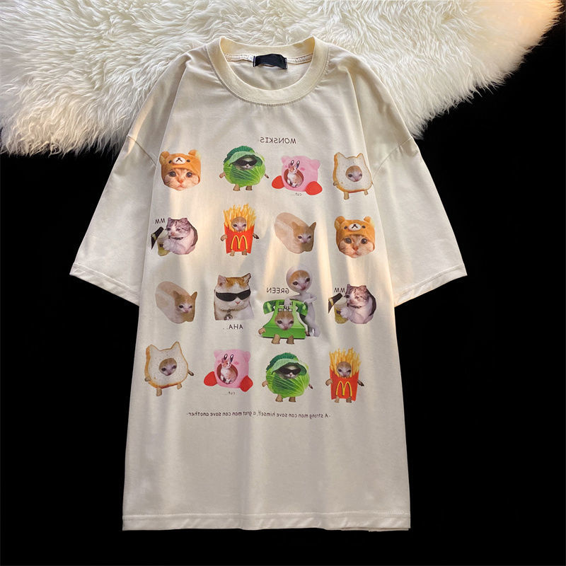 Y2K Graphic Tee – Korean Brand Cute Cats Sticker Printed T Shirts Short Sleeve – Modern Streetwear for Everyone
