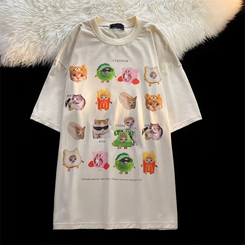 Y2K Graphic Tee – Korean Brand Cute Cats Sticker Printed T Shirts Short Sleeve – Modern Streetwear for Everyone