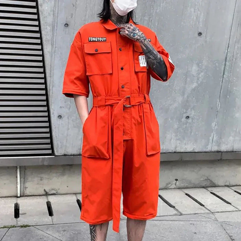 2023 autumn street short sleeve american jumpsuit mens jumpsuit suit motorcycle removable pants hip hop leg pants unique shorts style 4652
