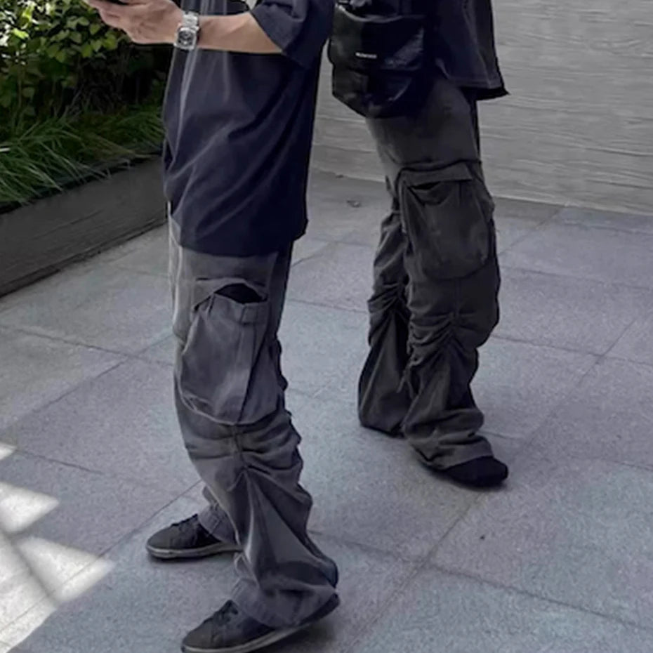 hi street black jeans side pockets patchwork cargo denim pants men streetwear hip hop baggy jeans trousers loose straight jeans combat utility trousers