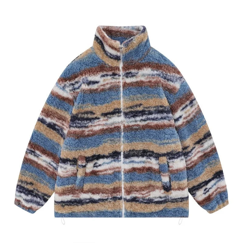 Trapwear Streetwear – Mens Casual Striped Fleece Jackets Coats New Hairy Stand – Streetwear Fashion for Men & Women