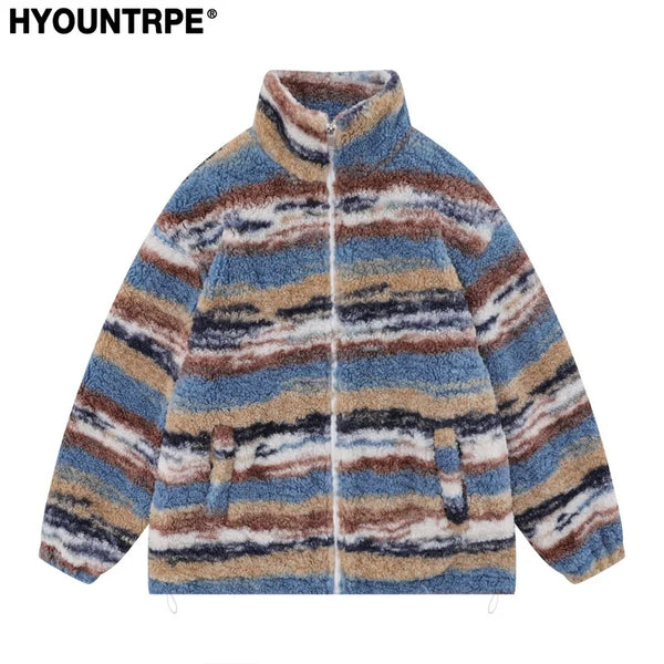 Trapwear Streetwear – Mens Casual Striped Fleece Jackets Coats New Hairy Stand – Streetwear Fashion for Men & Women