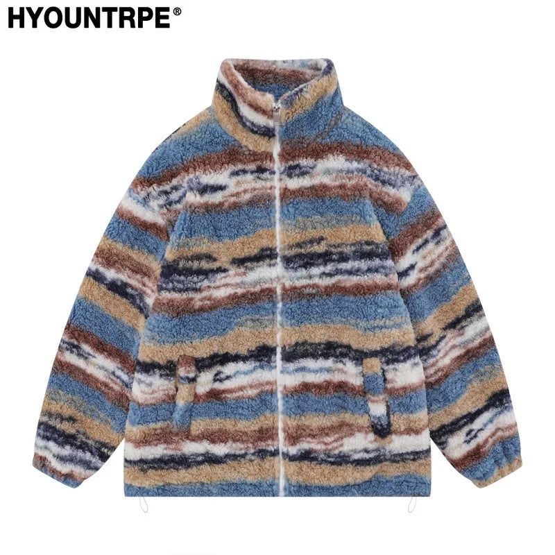 Trapwear Streetwear – Mens Casual Striped Fleece Jackets Coats New Hairy Stand – Streetwear Fashion for Men & Women