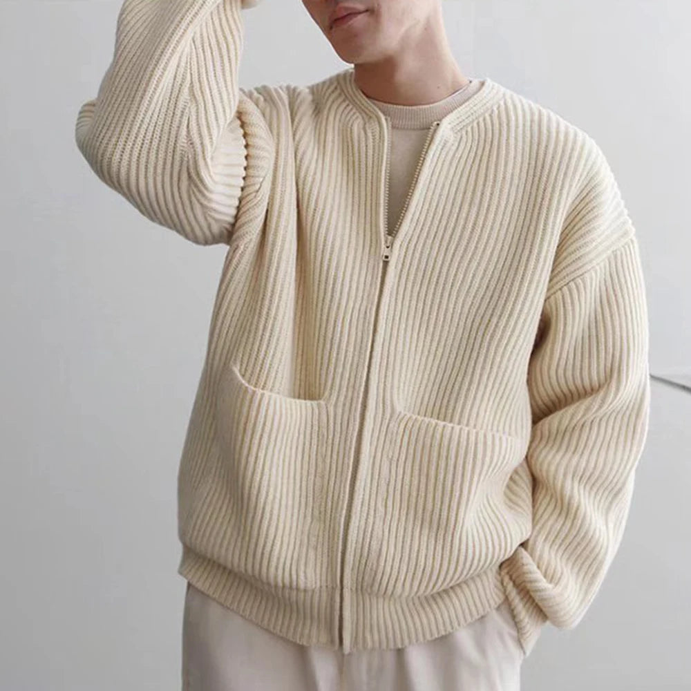 Korean Color Round Neck Knitted Cardigan Jacket For Men 2023 Autumn Winter Fashion Youth Trend Versatile Casual Breathable Top