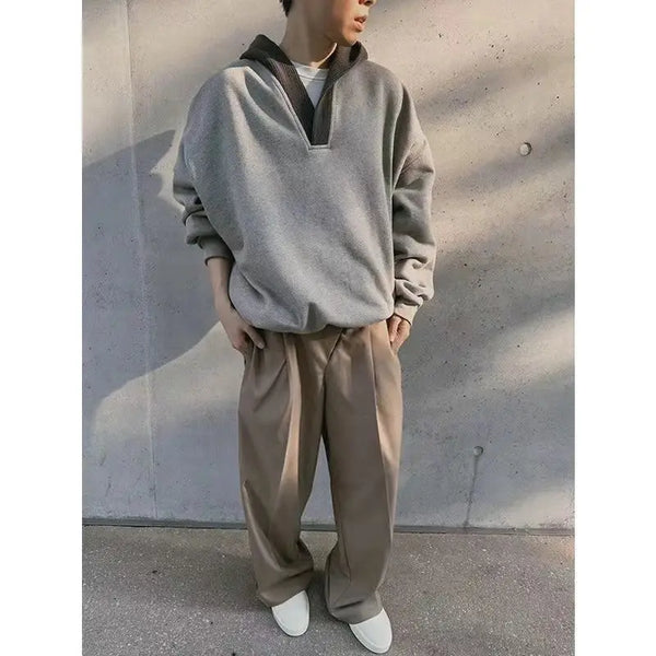 Trendy Korean Street Gray Sweatshirt Men's Spring and Autumn Knitted Ins Stitching Personalized Design Retro Top Hooded Jacket