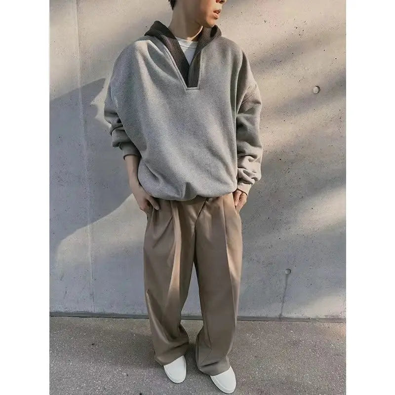 Trendy Korean Street Gray Sweatshirt Men's Spring and Autumn Knitted Ins Stitching Personalized Design Retro Top Hooded Jacket