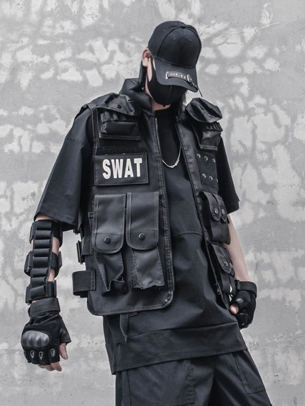 winter street style featuring hip hop sleeveless vests adjustment cargo waistcoat with pockets zipper military jacket fashion streetwear mens tactical vests design – premium quality jacket for men