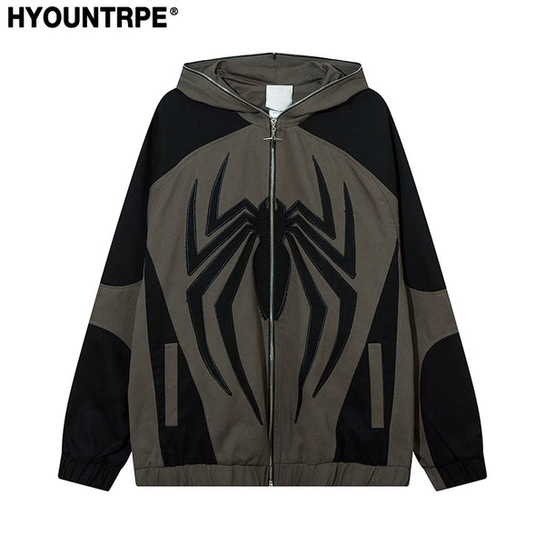 Spider Embroidery Hooded Jacket and Coat Men Fashion Hip Hop Full Zipper Hoodies Loose Outerwear Casual Streetwear Baggy Jack - variant style 1d3bcb for streetwear fashion