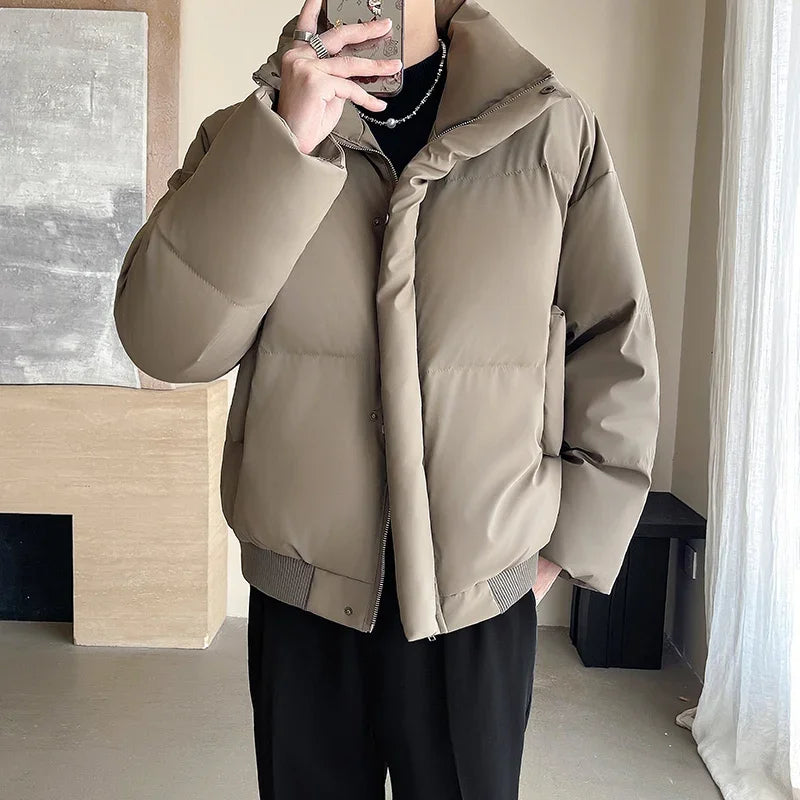 Winter Stand Collar Thicken Leather Short Jacket Men Fashion Loose Casual Warm Cotton-padded PU Leather Bomber Jacket Parka Coat