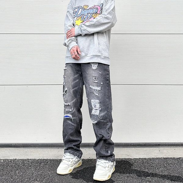 high street black washed straight jeans lowrise hip hop ripped jeans pants for men baggy vintage fashion wide denim pants women denim street jeans