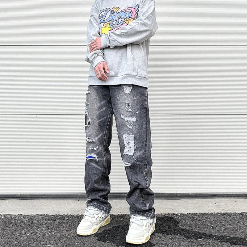 high street black washed straight jeans lowrise hip hop ripped jeans pants for men baggy vintage fashion wide denim pants women denim street jeans