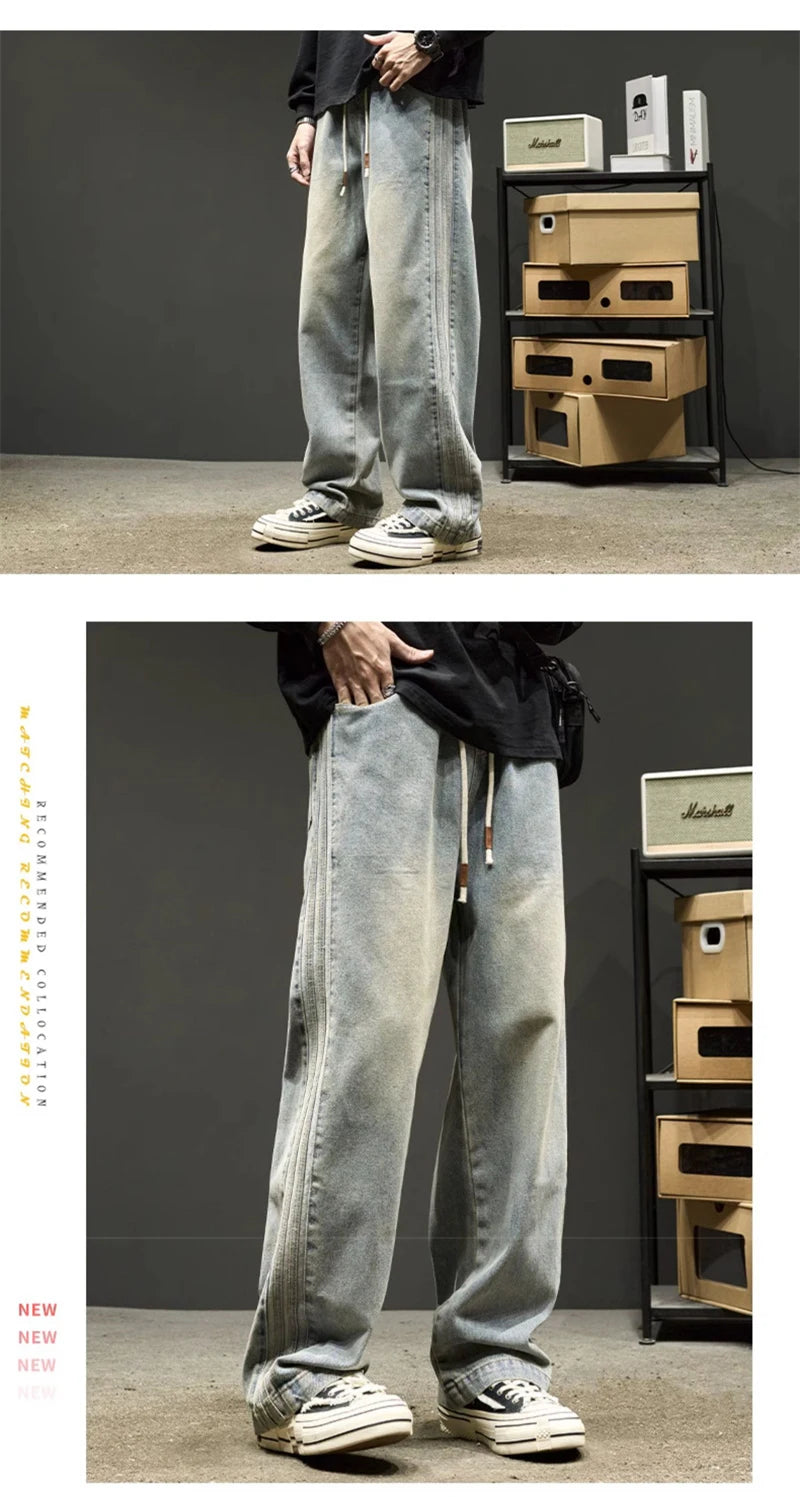 elastic waist baggy jeans for men side striped wide leg denim pants korean fashion casual trousers y2k vintage jean hombre unique jeans style 3244