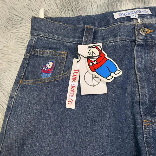 retro blue baggy jeans y2k pants hip hop cartoon streetwear polar big boy jeans embroidery mens womens high waist wide trouser vintage washed jeans