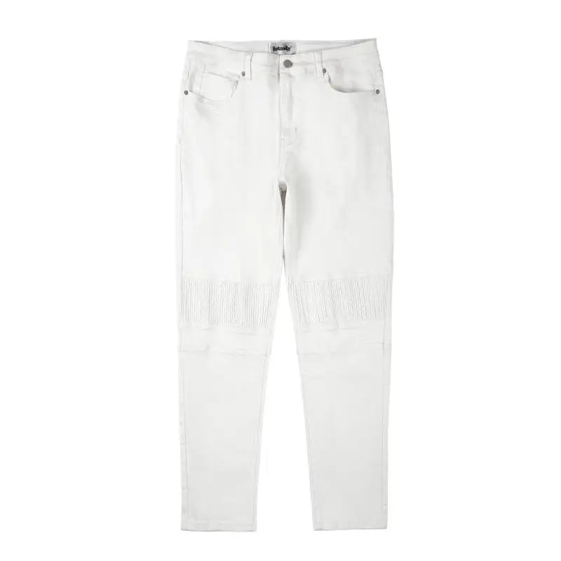 high street white knee pleated vertical stripe elastic fit skinny jeans male casual small leg jeans pants slim mens clothing unique jeans style 3673