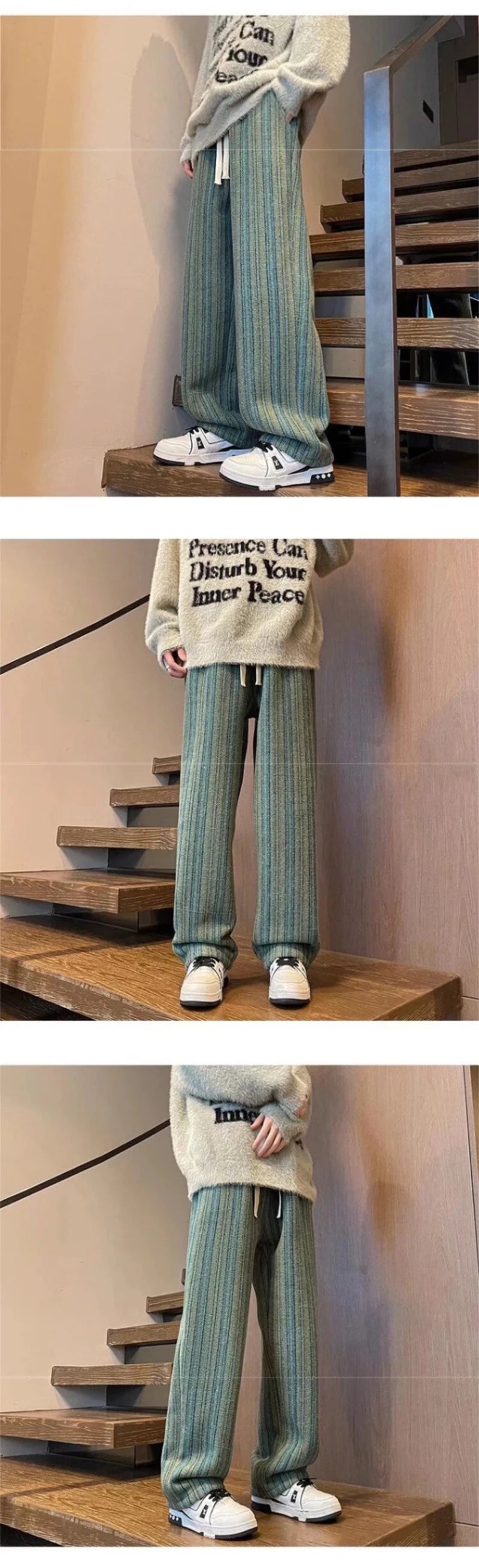 autumn striped woolen straight leg pants for men classic y2k vintage baggy trousers new casual high street fashion sweatpants unique joggers style 279