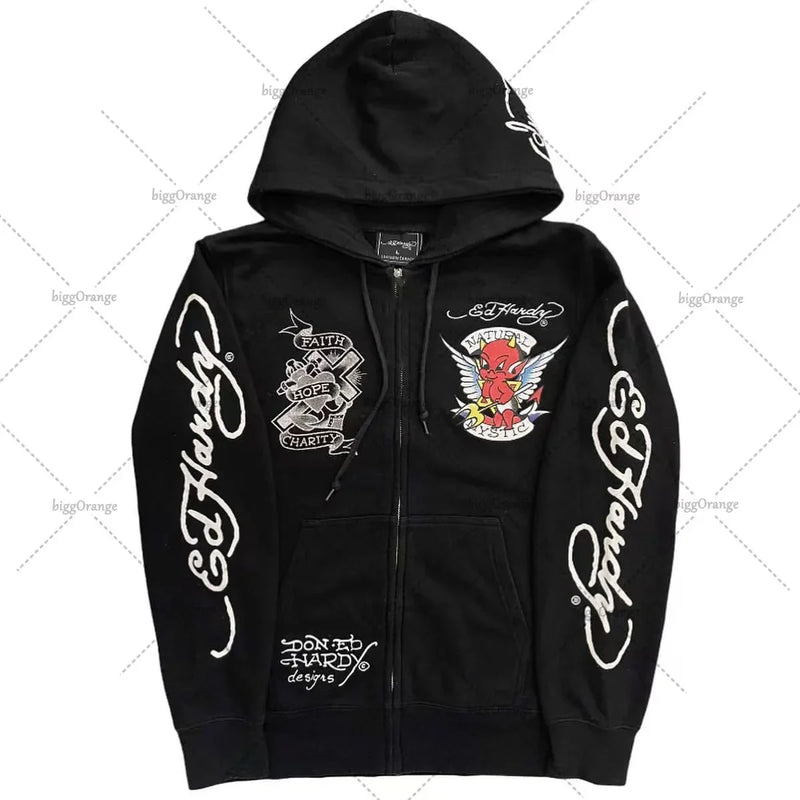American Fashion Trend Pattern Print Zipper Hoodie Women Y2K New Stree