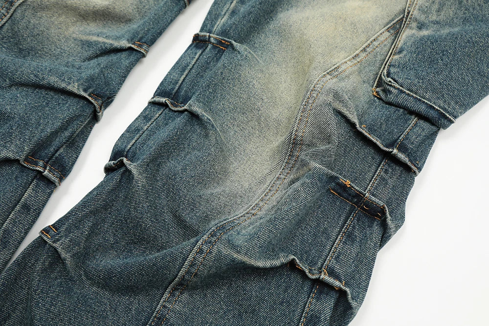 streetwear side pockets pleated washed blue jeans unisex straight baggy y2k denim pants ropa hombre casual cargo pants oversized unique cargo style 1202