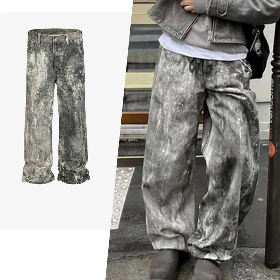 dirty tie dye baggy jeans mens streetwear hip hop loose denim pants y2k vintage jeans trousers luxury designer jeans urban skinny jeans