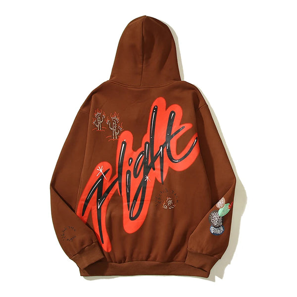 Cactus Jack Letter Brown Fleece Hooded Sweatshirts For Men High Street