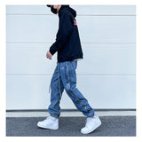 washed distressed denim sweatpant cashew flower patchwork oversized splice buckle jogging jeans casual button baggy men clothing unique joggers style 4357
