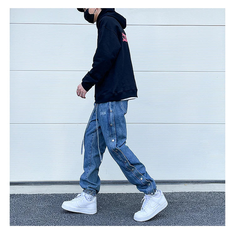 washed distressed denim sweatpant cashew flower patchwork oversized splice buckle jogging jeans casual button baggy men clothing unique joggers style 4357