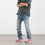 street wear washed hole destroyed skinny jeans denim hip hop blue cylinder male casual slim jeans pants ripped denim trousers vintage washed jeans