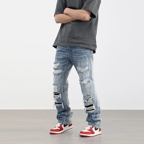 street wear washed hole destroyed skinny jeans denim hip hop blue cylinder male casual slim jeans pants ripped denim trousers vintage washed jeans