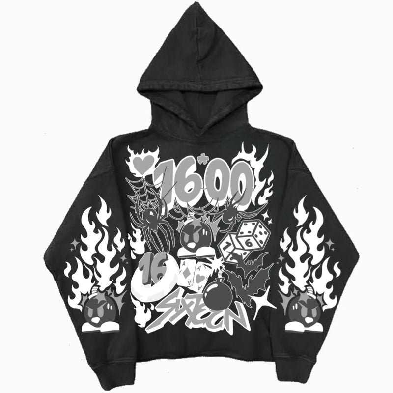 Y2k Pullover Long Sleeved Sweatshirt Vintage Printed Pattern Streetwear Tops Vintage Clothes Dark Punk School Outfit Ootd Jacket