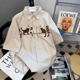 Japanese pinstripe cat pattern shirts for men and women summer trendy brand retro Hong Kong style loose lazy style couple shirts