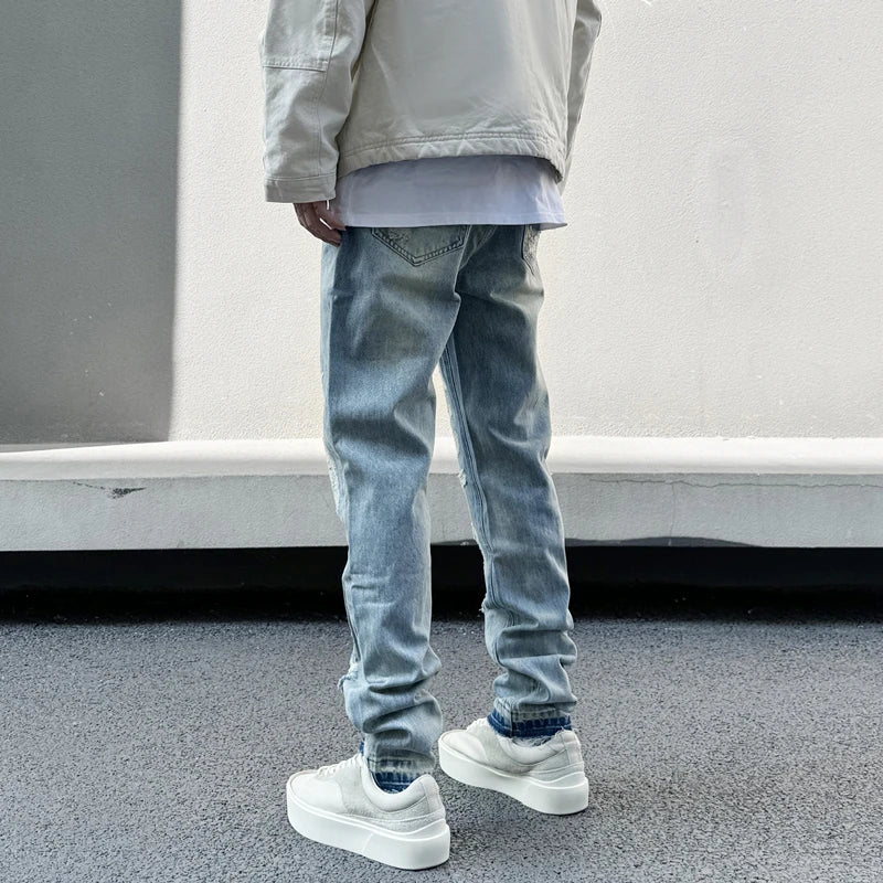 mens high street denim jean pants new casual blue slim ripped holes straight zipper jeans trousers hip hop streetwear joggers unique joggers style 761