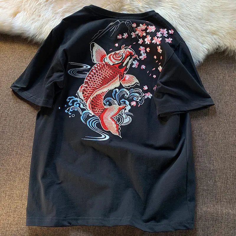 Cyberpunk Graphic Tee – New Summer Aesthetic Vintage Carp Fish Embroidery T Shirts W – Modern Streetwear for Everyone